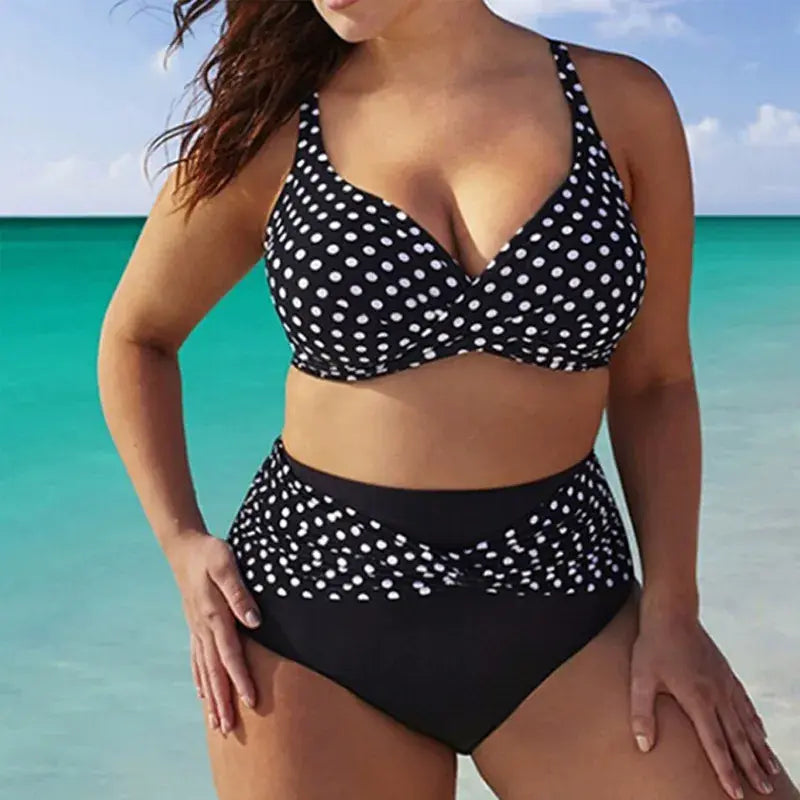 Retro White Polka Dot Twist Front Bikini Set - Black - 5XL - image 0