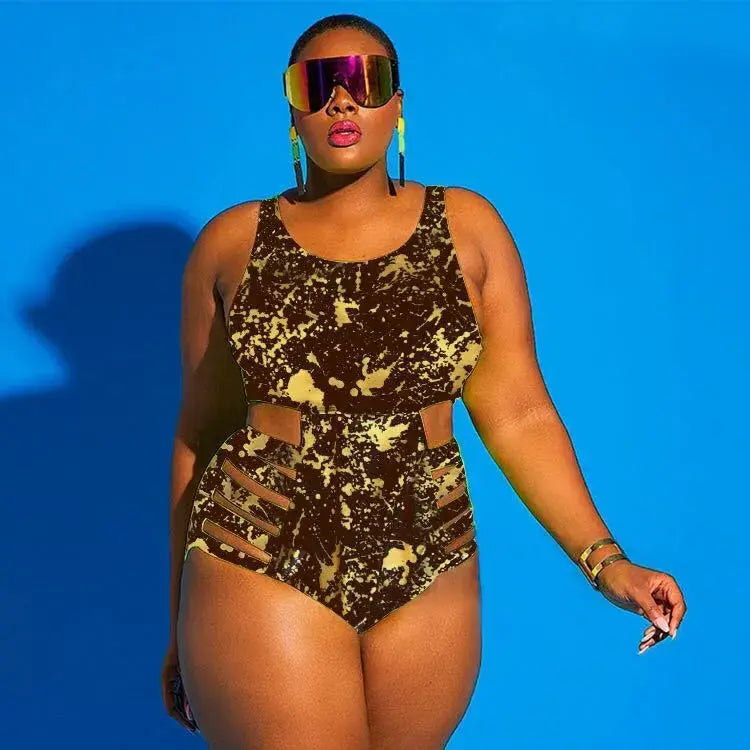 Cutout Splash Print One-Piece Swimsuit - Yellow - 4XL - image 0