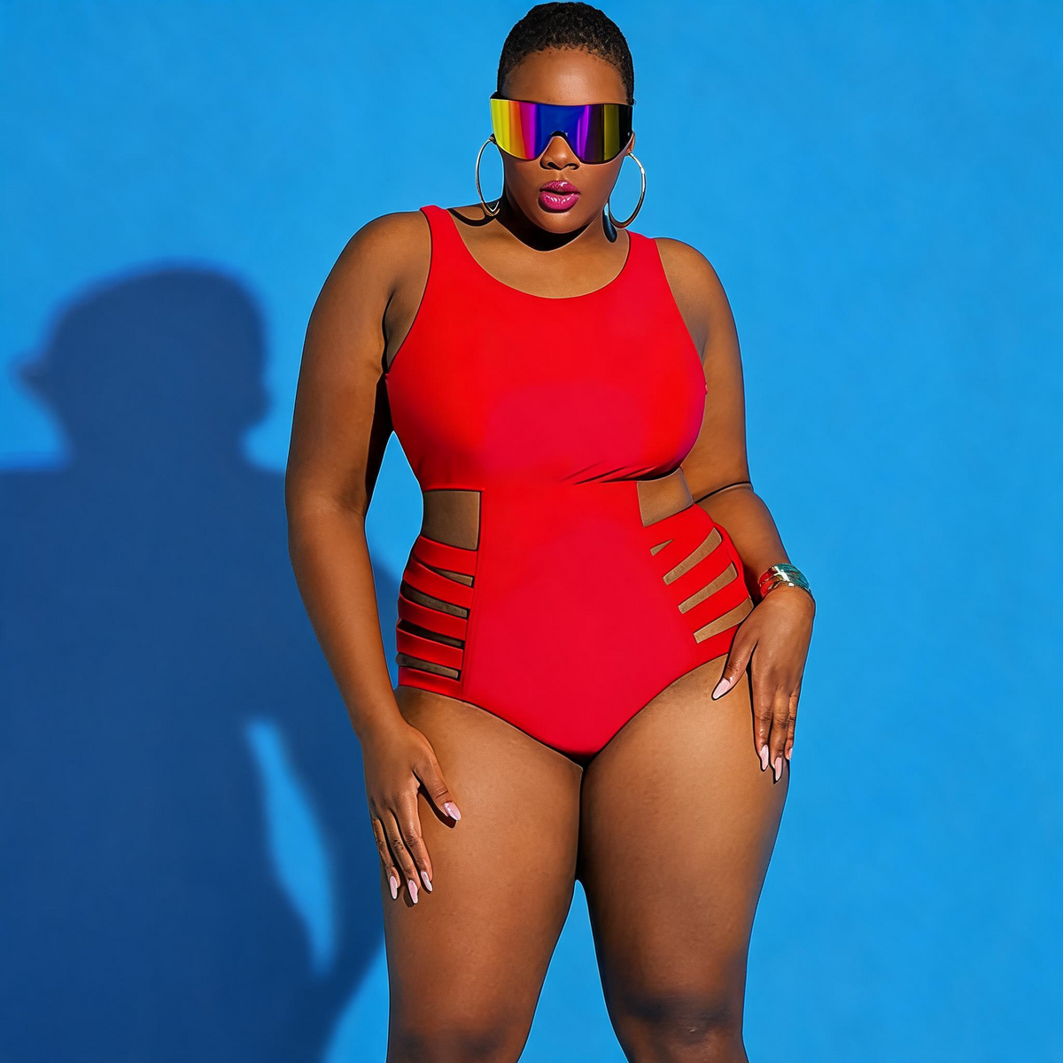 Cutout Splash Print One-Piece Swimsuit - Red - 4XL - image 4