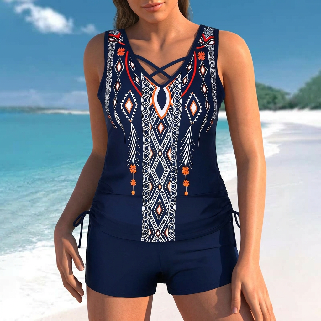 Floral Criss Cross Tankini Set - Navy Blue - 3XL - image 4