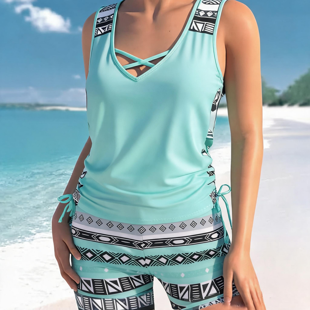 Criss Cross Geometric Tankini Set - Sky Blue - 3XL - image 2