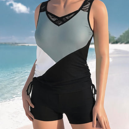 Criss Cross Geometric Tankini Set - Grey - 3XL - image 7