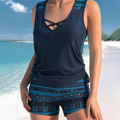 Floral Criss Cross Tankini Set - Dark Blue - 3XL - image 3