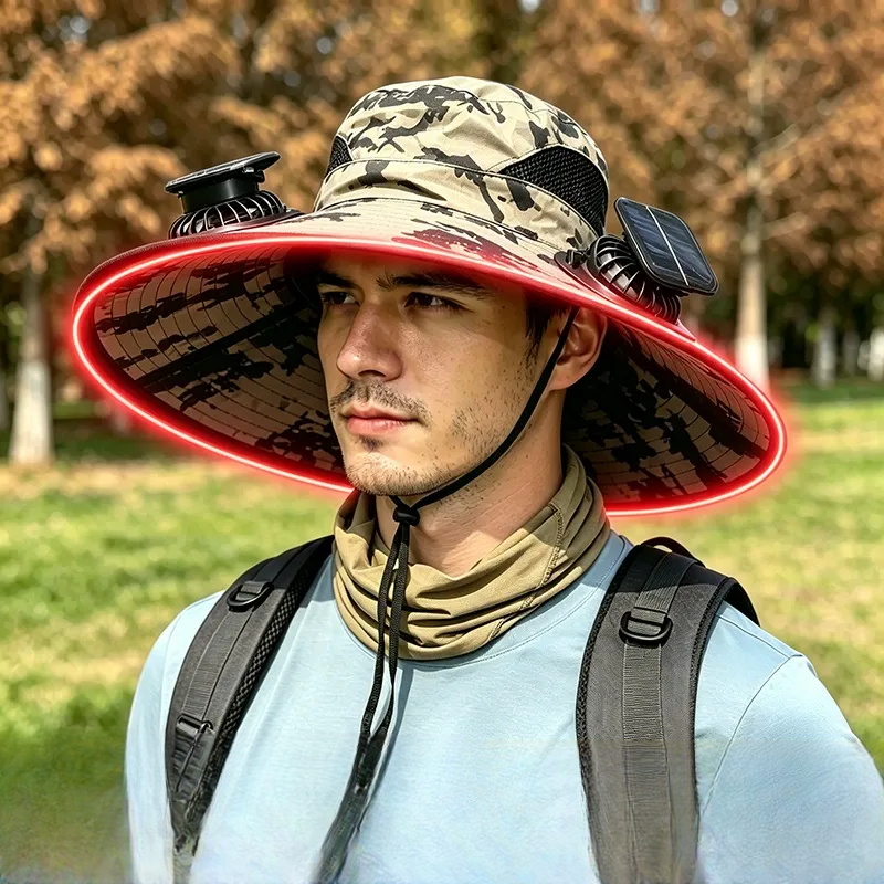 Solar Cooling Wide Brim Sun Hat - Khaki - One Size - 2 Fans - image 5
