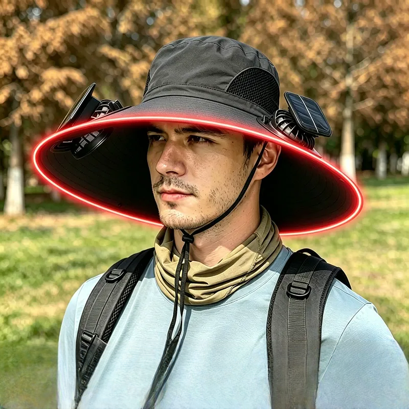 Solar Cooling Wide Brim Sun Hat - Black - One Size - 2 Fans - image 1