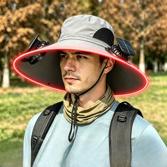 Solar Cooling Wide Brim Sun Hat - Light Gray - One Size - 2 Fans - image 0