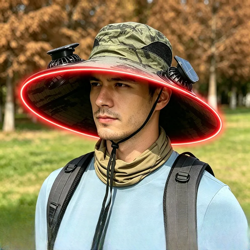 Solar Cooling Wide Brim Sun Hat - Army Green - One Size - 2 Fans - image 4