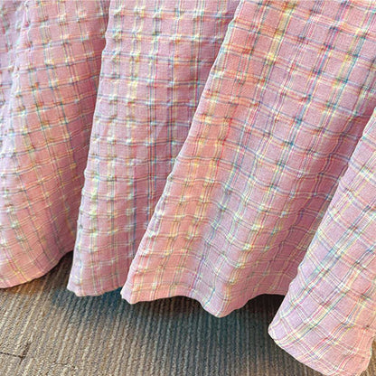 Pink Textured Plaid Square Neck Tie Front Midi Dress - image 5