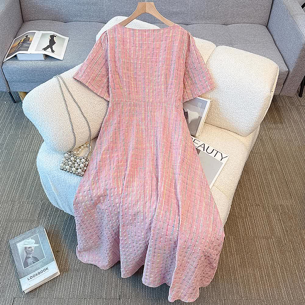 Pink Textured Plaid Square Neck Tie Front Midi Dress - image 6