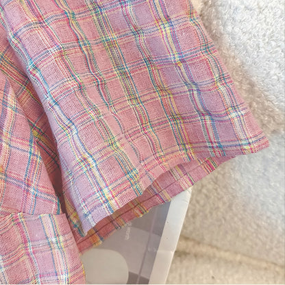 Pink Textured Plaid Square Neck Tie Front Midi Dress - image 3
