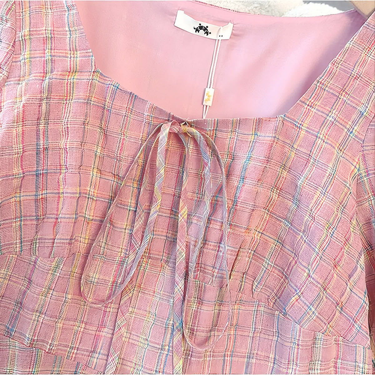 Pink Textured Plaid Square Neck Tie Front Midi Dress - image 2