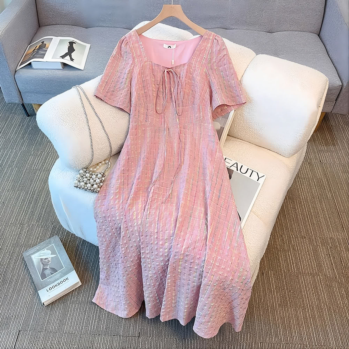 Pink Textured Plaid Square Neck Tie Front Midi Dress - image 1
