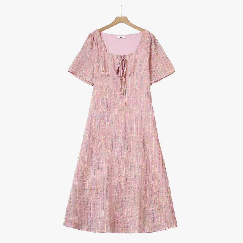 Pink Textured Plaid Square Neck Tie Front Midi Dress - Pink - 5XL - image 0