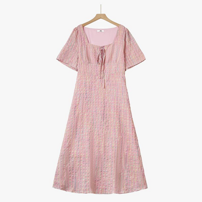 Pink Textured Plaid Square Neck Tie Front Midi Dress - Pink - 5XL - image 0