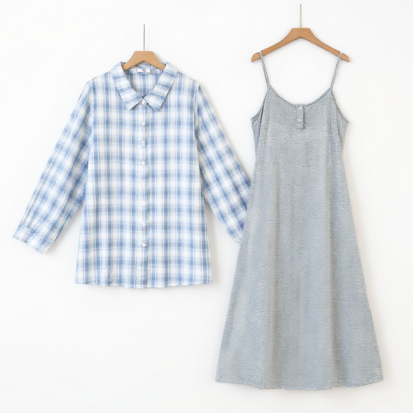 Plus Size Cotton Plaid Shirt and Cami Dress Lounge Set - 2Pcs Set - 6XL - image 0