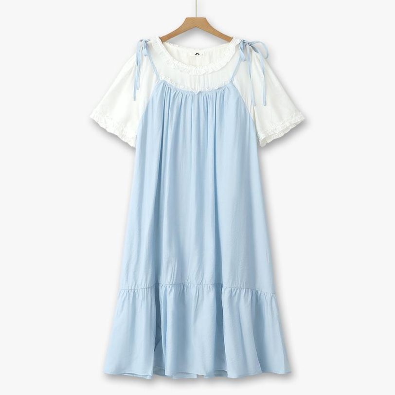 Plus Size Bow Strap Faux Two Piece Midi Dress - Blue - 6XL - image 0