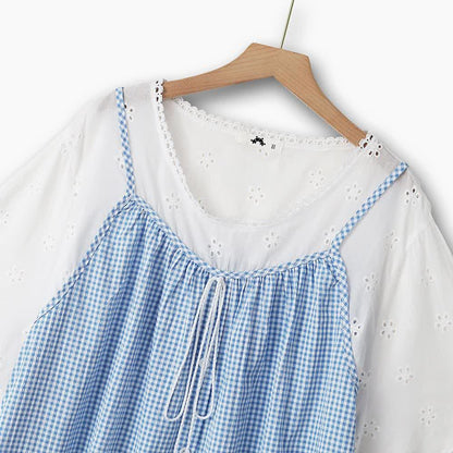 Plus Size Blue Gingham Eyelet Short Sleeve Blouse - image 1
