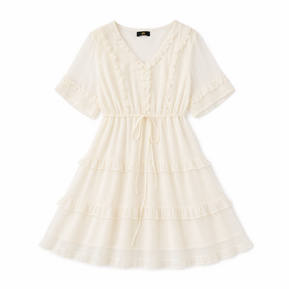 Plus Size Elegant V-Neck Ruffle Tie-Waist Midi Dress - Beige - 7XL - image 7