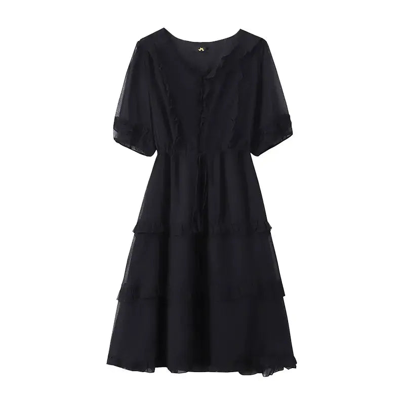 Plus Size Elegant V-Neck Ruffle Tie-Waist Midi Dress - Black - 7XL - image 8