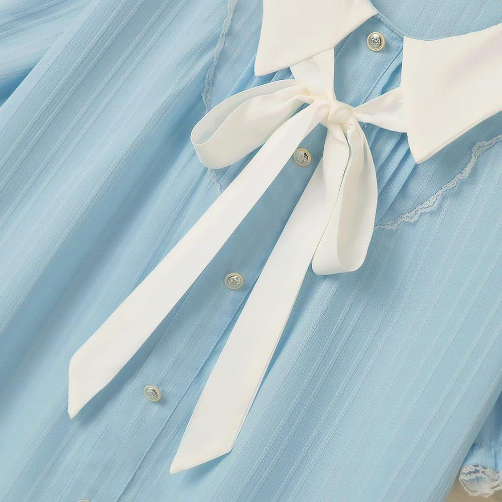 Plus Size Blue Contrast Collar Bow Tie Ruffle Hem Dress - image 4
