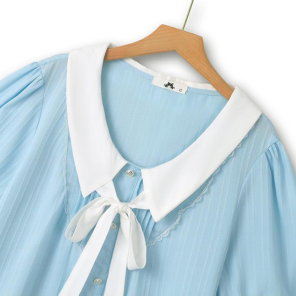 Plus Size Blue Contrast Collar Bow Tie Ruffle Hem Dress - image 1