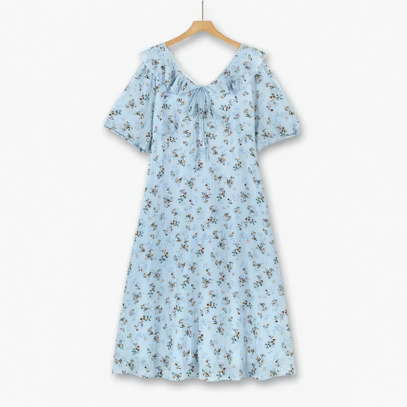 Plus Size Blue Floral Puff Sleeve Midi Dress - Blue - 6XL - image 0