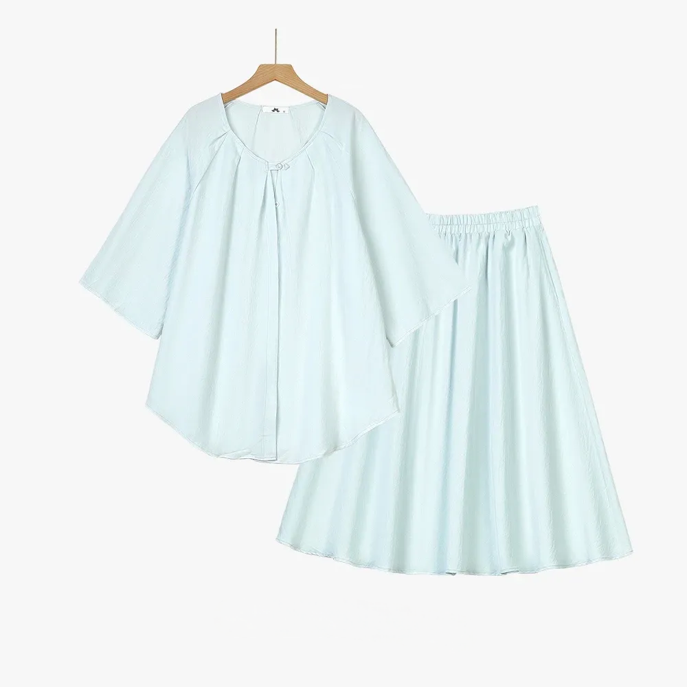 Plus Size Solid Loose Cotton Linen Top Skirt With Pockets Set - 2Pcs Set - Blue - 6XL - image 0