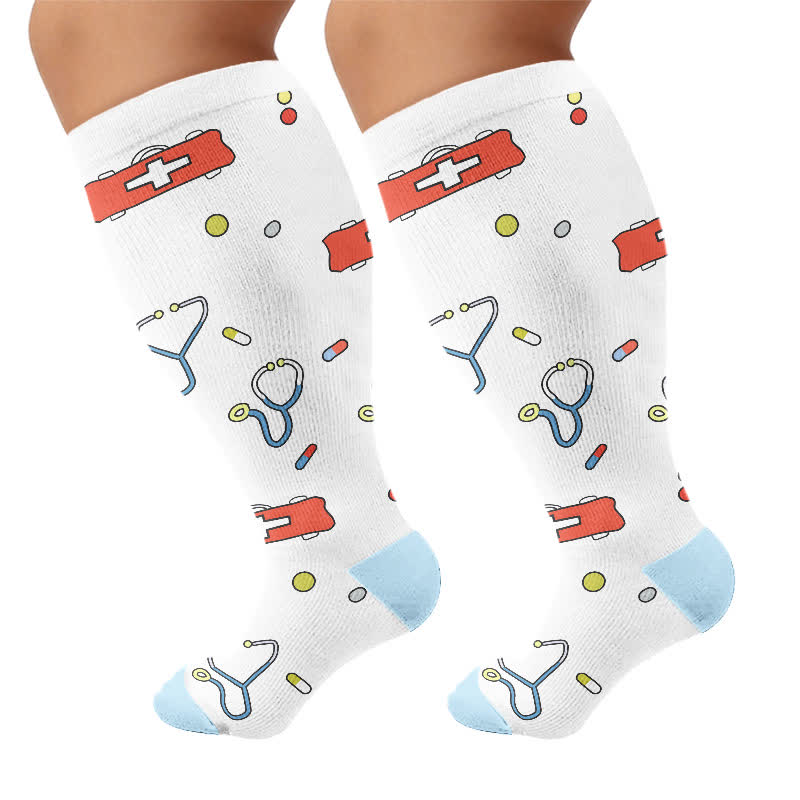 Plus Size Nurse Print Compression Socks - White - 4XL - image 9