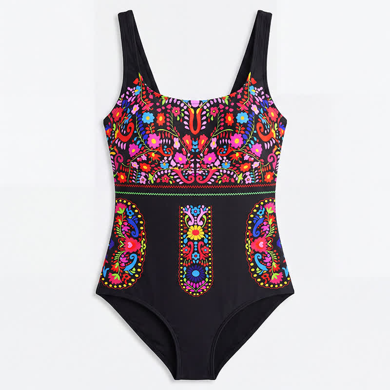 Tropical Flower Leaf Scoop Neck One-Piece Swimsuit - image 12