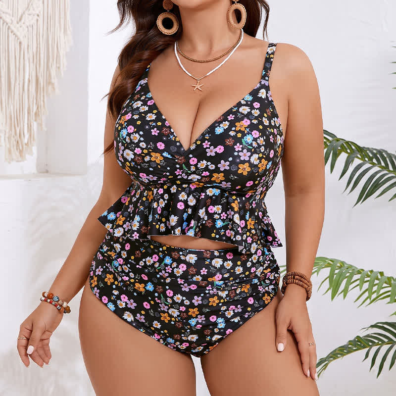 Black Floral Peplum Tankini Set - Black - 5XL - image 0