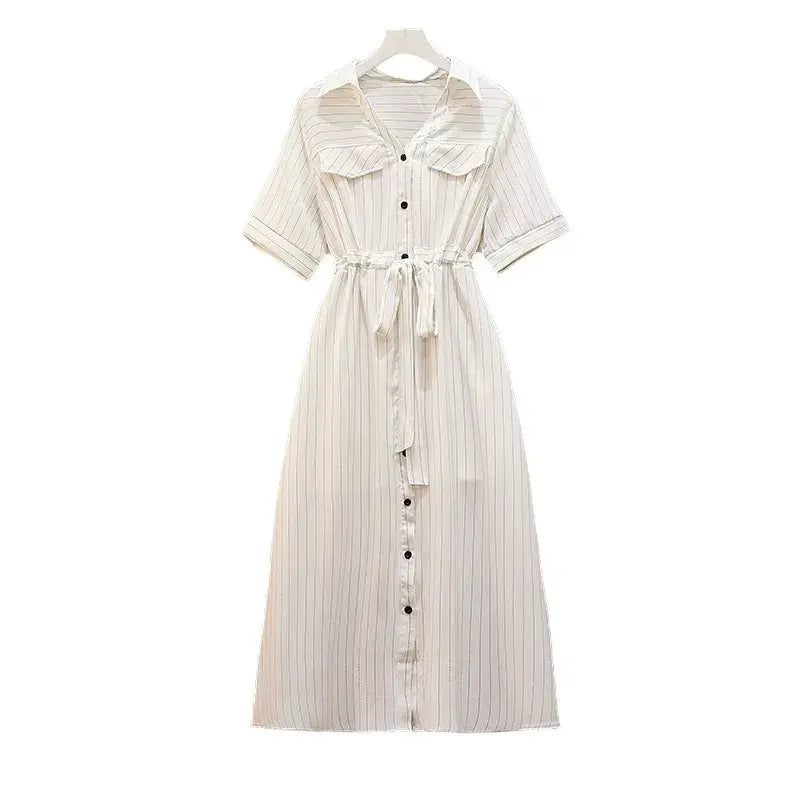 Plus-Size Striped Belted Skirt Midi Dress - White - 6XL - image 9