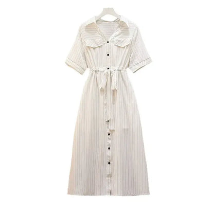 Plus-Size Striped Belted Skirt Midi Dress - White - 6XL - image 9