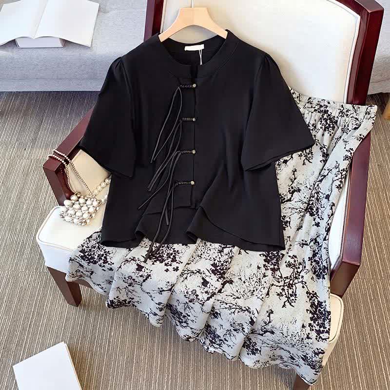 Plus Size Ink Floral Knot Detail Top And Skirt Set - image 1