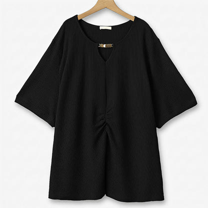 Plus Size Textured Keyhole Neck Gathered Tunic Top - Black - 6XL - image 7