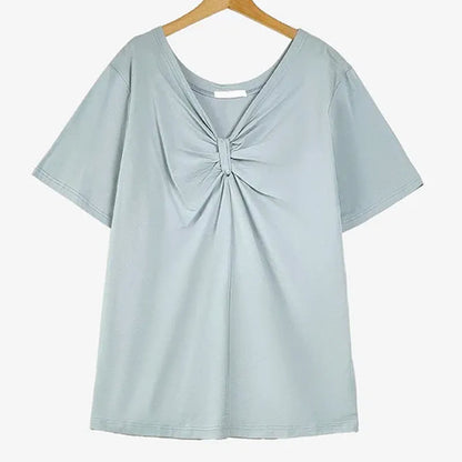 Plus Size Twist Front V Neck Cotton Stretch Blouse - Blue - 6XL - image 6