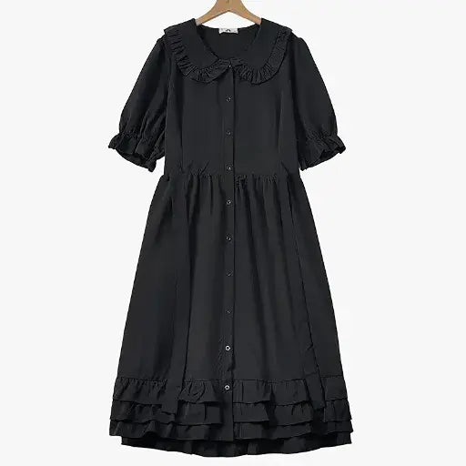 Plus Size Ruffle Collar Button Front Midi Dress - Black - 6XL - image 0