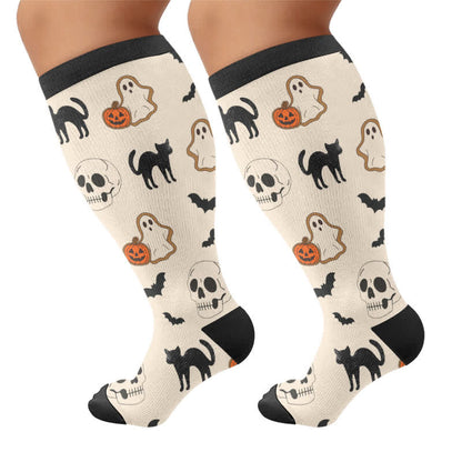 Plus Size Halloween Pumpkin Cat Ghost Compression Socks - Beige - 4XL - image 7