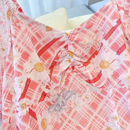 Plus Size Square Neck Puff Short Sleeve Plaid Daisy Print Summer Maxi Dress - image 2