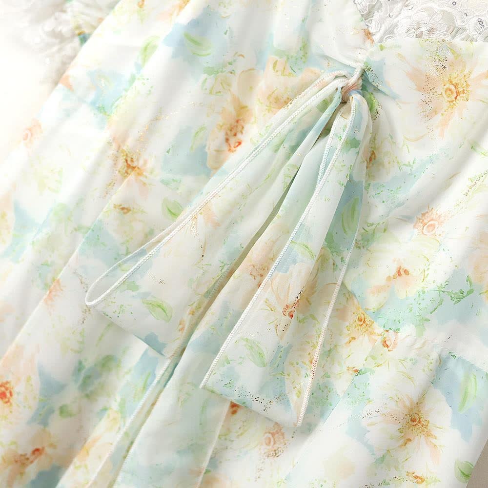 Plus Size Square Neck Lace Trim Floral Print Puff Sleeve Summer Maxi Dress - image 5