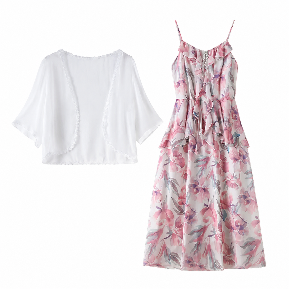 Plus Size Sheer Cardigan Lightweight Floral Ruffle V-Neck Summer Dress Set - 2Pcs Set - 6XL - image 0