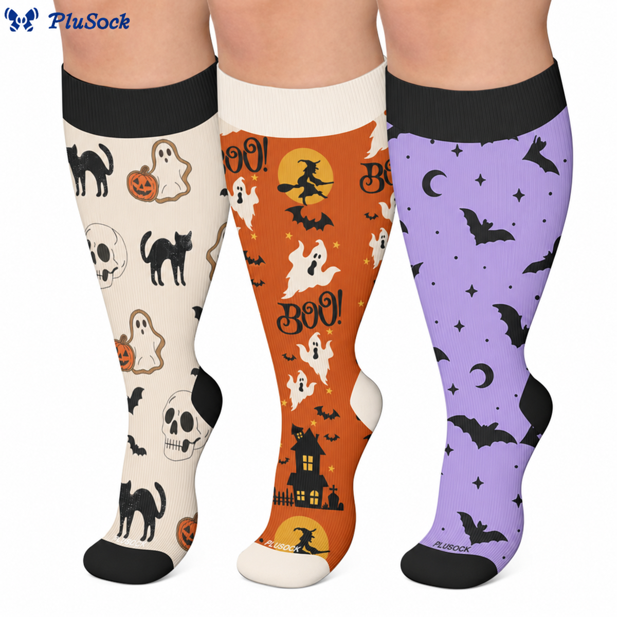 Plus Size Halloween Pumpkin Cat Ghost Compression Socks - image 0