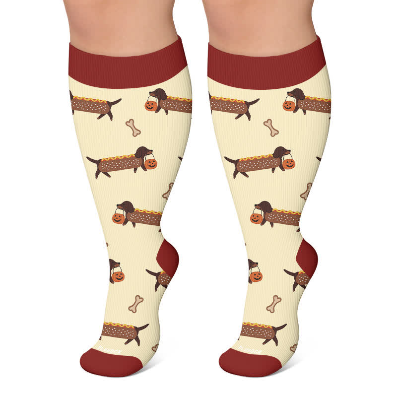 Plus Size Halloween Cute Dachshund Compression Socks - Yellow - 4XL - image 5