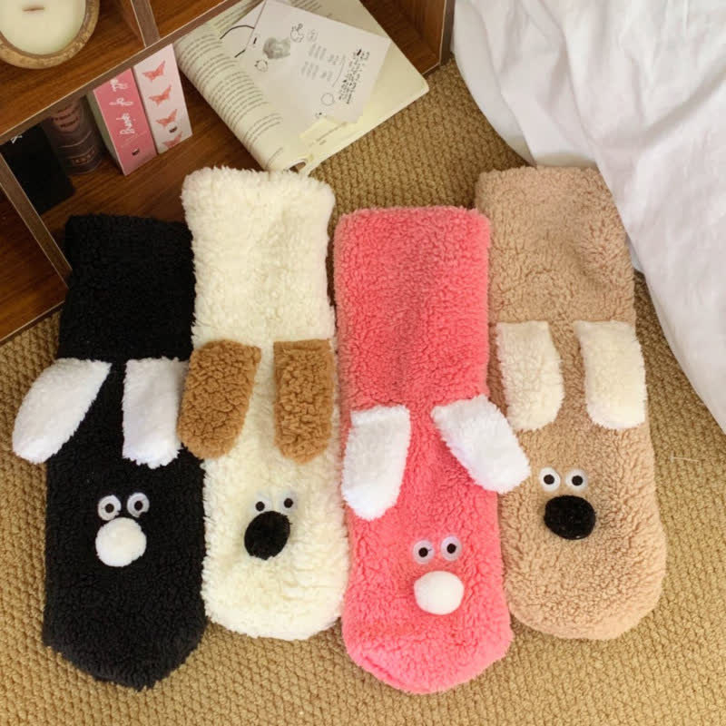 Khaki Googly-Eye Puppy Cartoon Slipper Socks(2 Pairs) - image 1