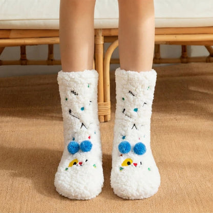 Pink Green Pom-Pom Cartoon Animal Slipper Socks - White - EU36-42(US3-8) - image 4