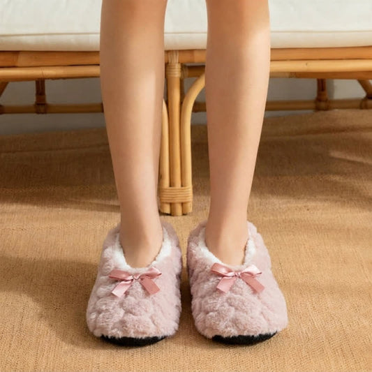 Multi-Color Satin Bow Plush House Slipper Socks - Pink - EU38-40(US5-7) - image 0