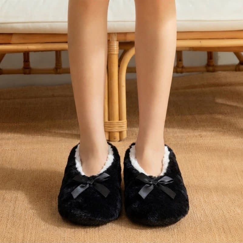 Multi-Color Satin Bow Plush House Slipper Socks - Black - EU38-40(US5-7) - image 2