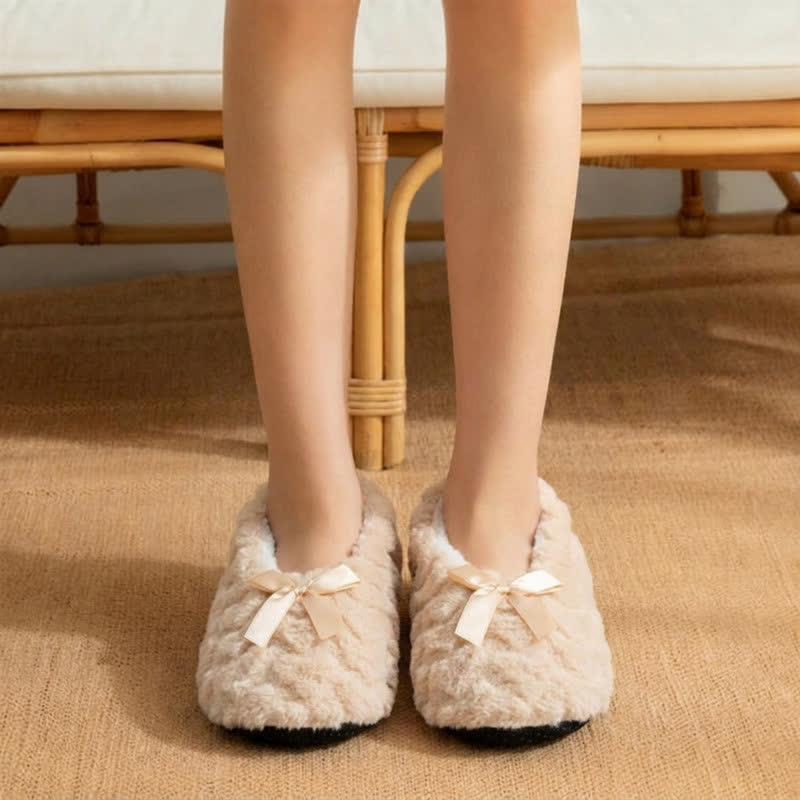 Multi-Color Satin Bow Plush House Slipper Socks - Beige - EU38-40(US5-7) - image 3