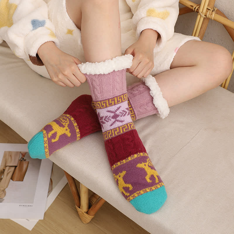 Nordic Winter Deer Pattern Fleece Lined Slipper Socks - C - EU36-42(US3-8.5) - image 2