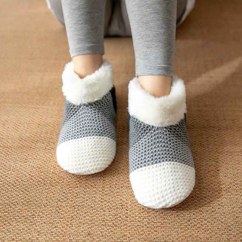 Color Block Striped Fleece Cuff Slipper Socks - Grey - EU36-42(US3-8.5) - image 5