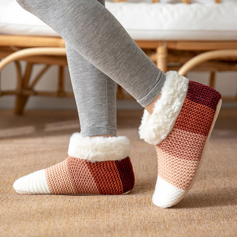 Color Block Striped Fleece Cuff Slipper Socks - Red - EU36-42(US3-8.5) - image 0